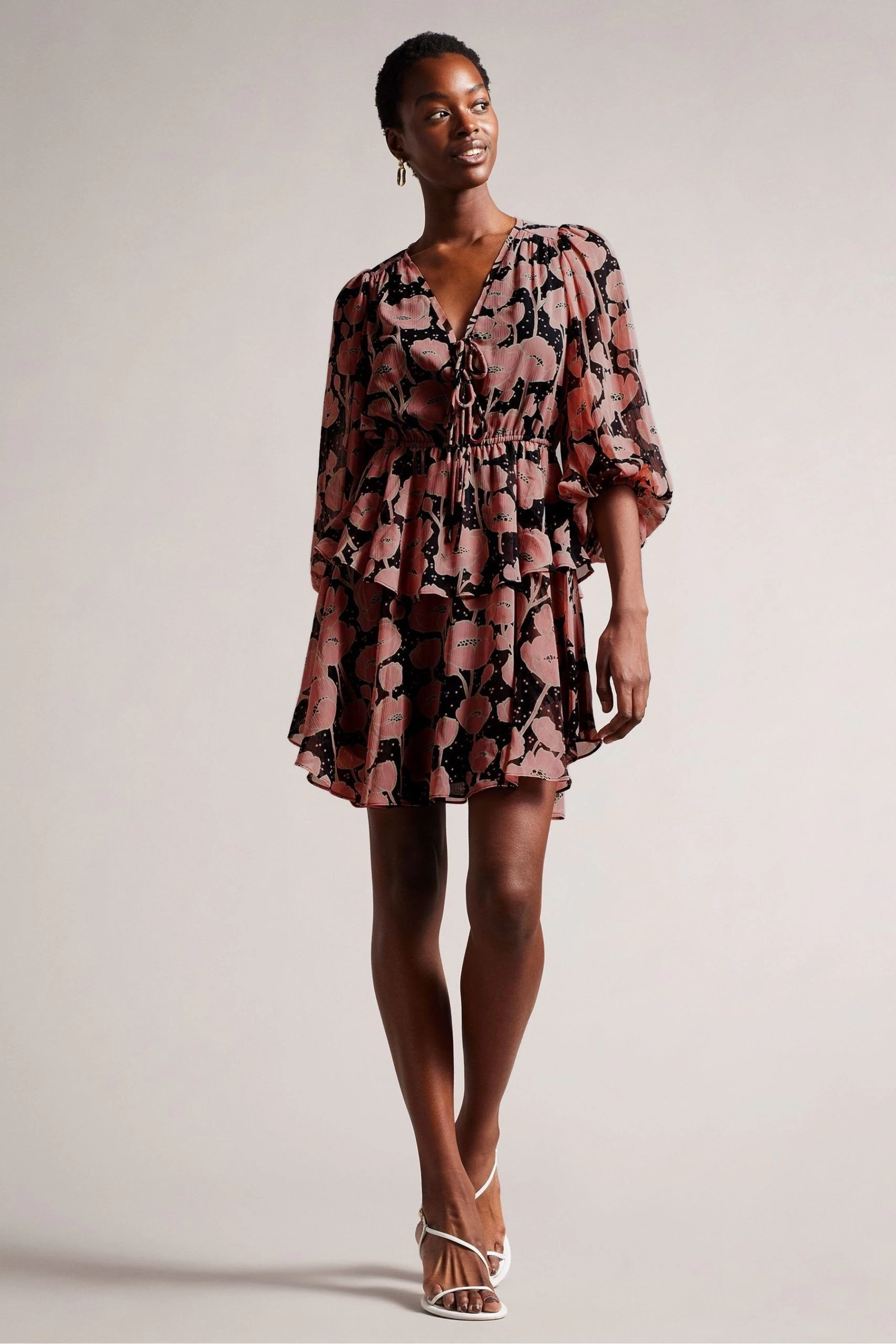 Ted Baker Priana Black V-Neck Printed Tie Front Mini Dress 5 Ted Baker Priana Black V-Neck Printed Tie Front Mini Dress - Image 3