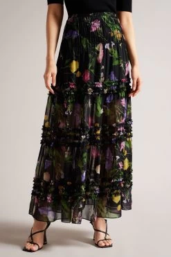 Ted Baker Thieaa Micro Ruffle Tiered Black Midaxi Skirt