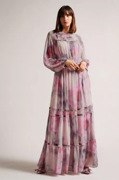 Ted Baker Pink Miray Coral Ruffle Detail Maxi Dress