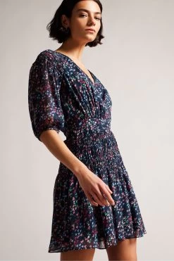 Ted Baker Blue Casadee Dk Navy Smock Panel Wrap Mini Dress