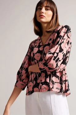 Ted Baker Stephii V-Neck Blouson Sleeve Black Blouse