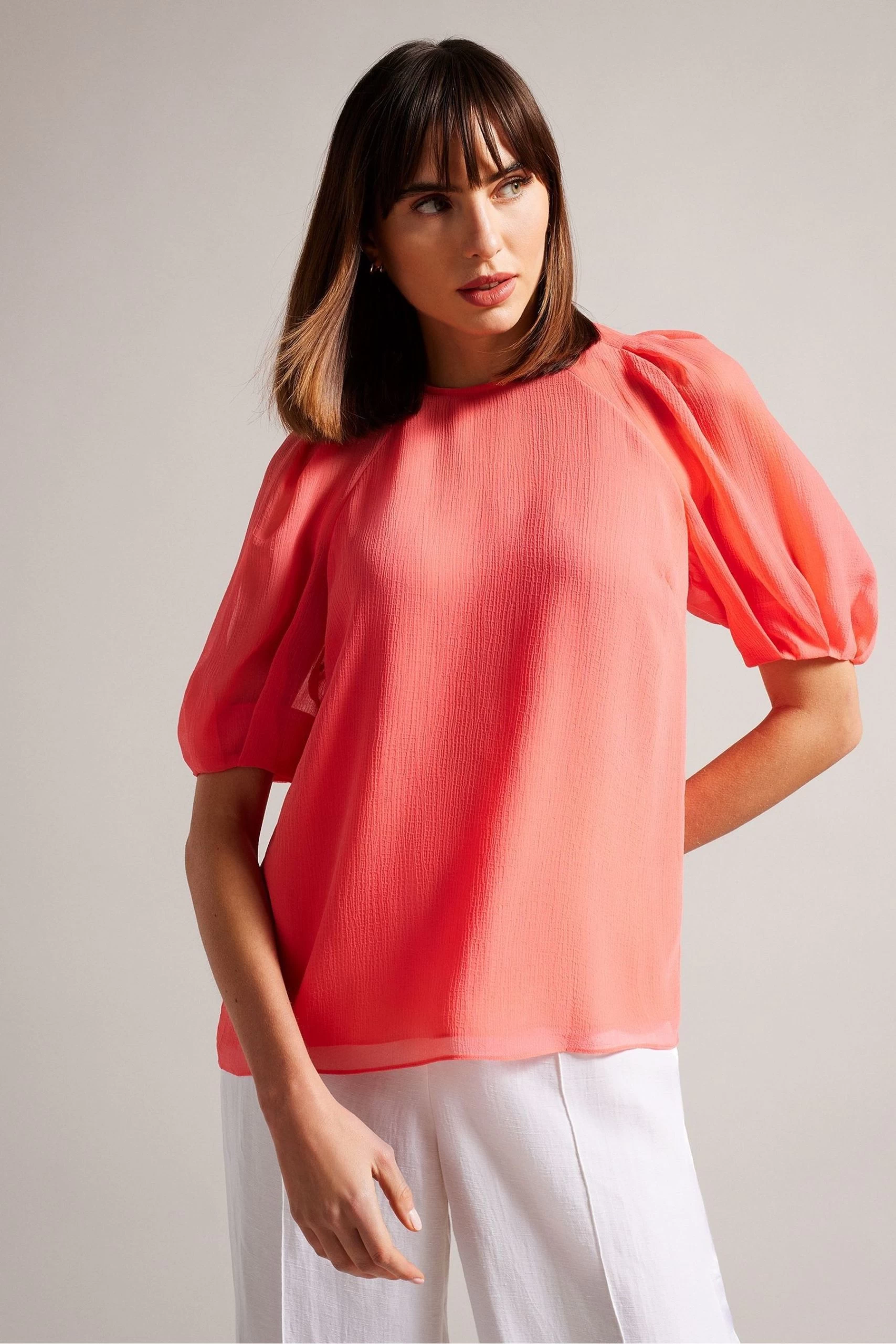 Ted Baker Pink Natelie Coral Boxy Top With Puff Sleeves 3 Ted Baker Pink Natelie Coral Boxy Top With Puff Sleeves