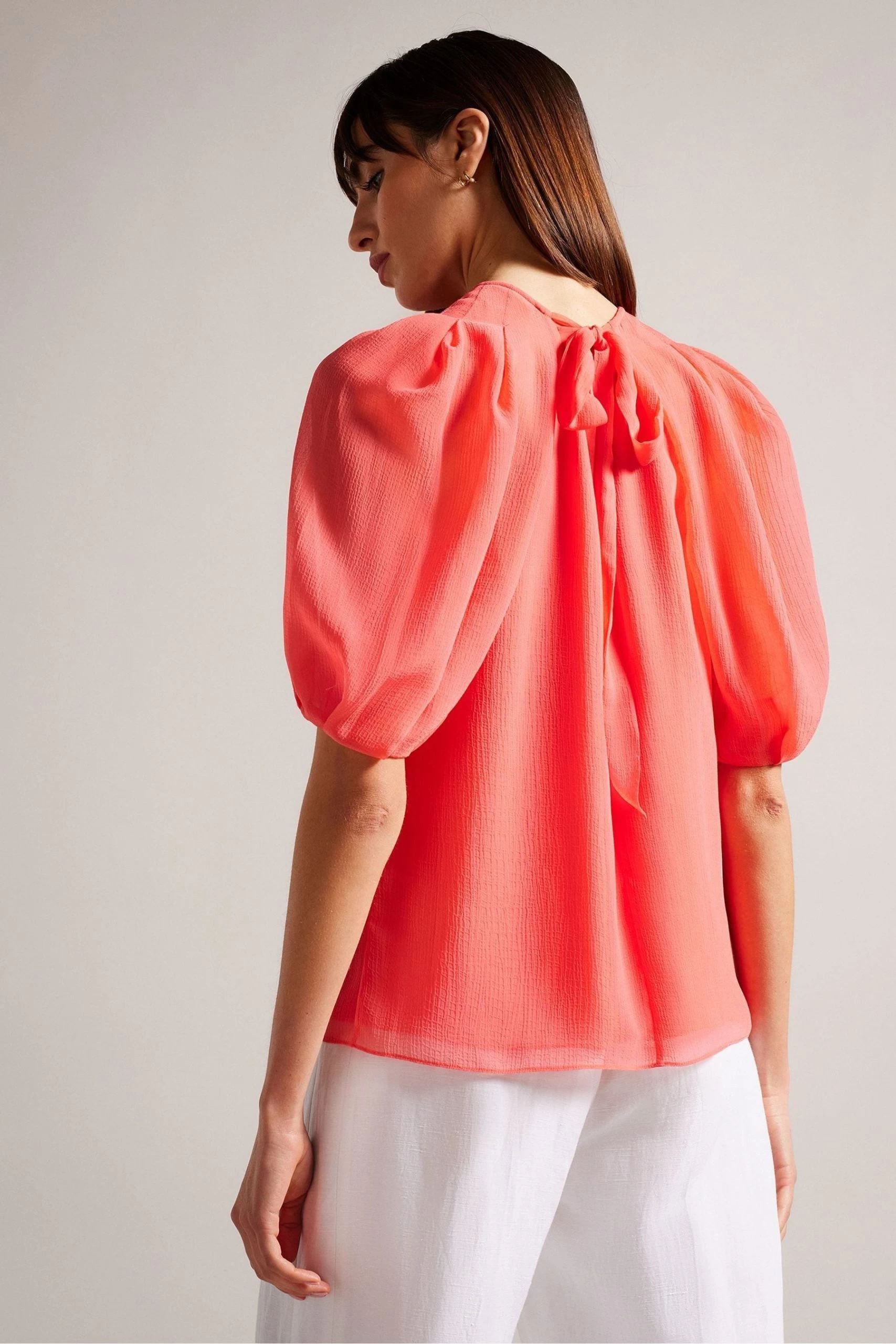 Ted Baker Pink Natelie Coral Boxy Top With Puff Sleeves 4 Ted Baker Pink Natelie Coral Boxy Top With Puff Sleeves - Image 2