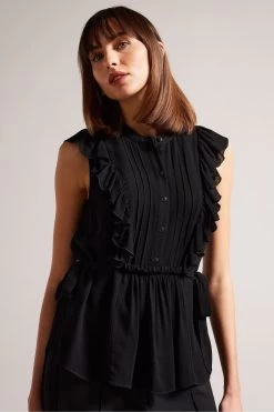 Ted Baker Evalie Sleeveless Frilled Black Top