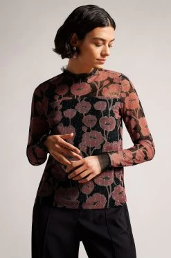 Ted Baker Maggann Black Long Sleeved Top With Neck Frills