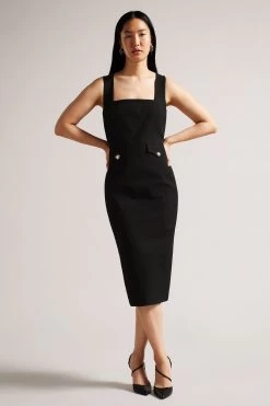 Ted Baker Josiaa Black Square Neck Military Detail Midi Dress
