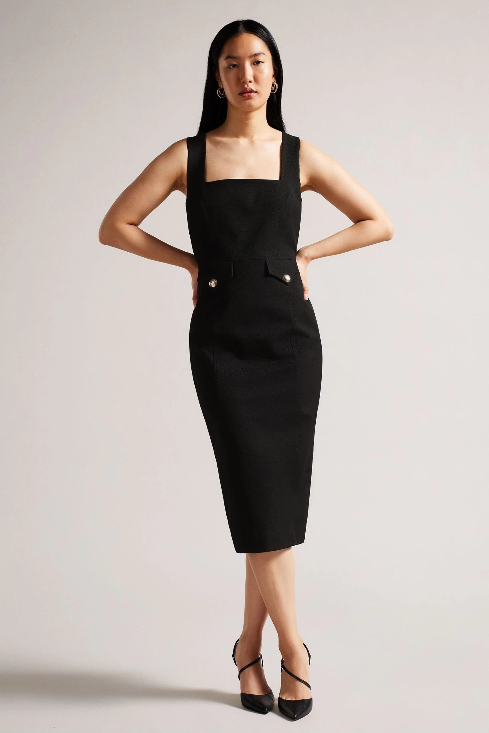 Ted Baker Josiaa Black Square Neck Military Detail Midi Dress 3 Ted Baker Josiaa Black Square Neck Military Detail Midi Dress