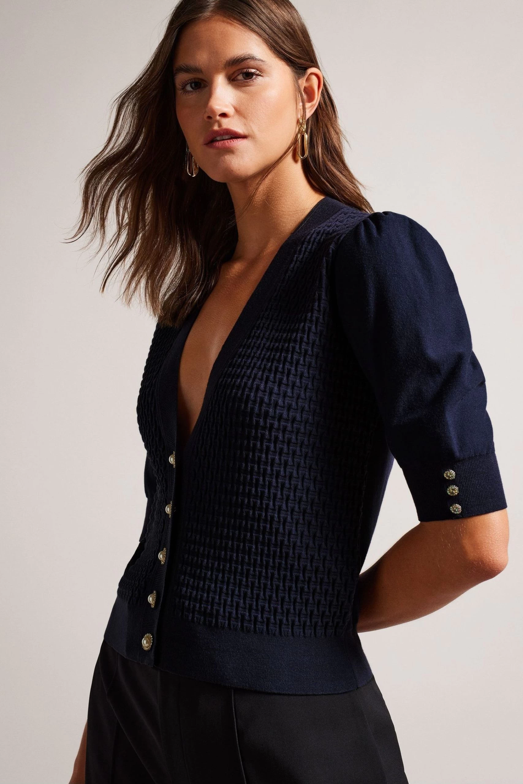 Ted Baker Blue Charess Cropped Cardigan With Diamante Buttons 3 Ted Baker Blue Charess Cropped Cardigan With Diamante Buttons