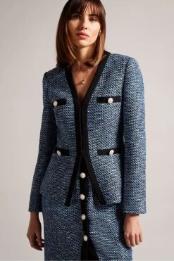 Ted Baker Diniia Blue V-Neck Boucle Jacket
