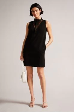 Ted Baker Chharis Black Shift Dress With Lace Panels And Neck Tie