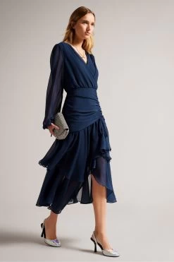 Ted Baker Kiali Blue Long Sleeve Midi Dress With Ruched Detail