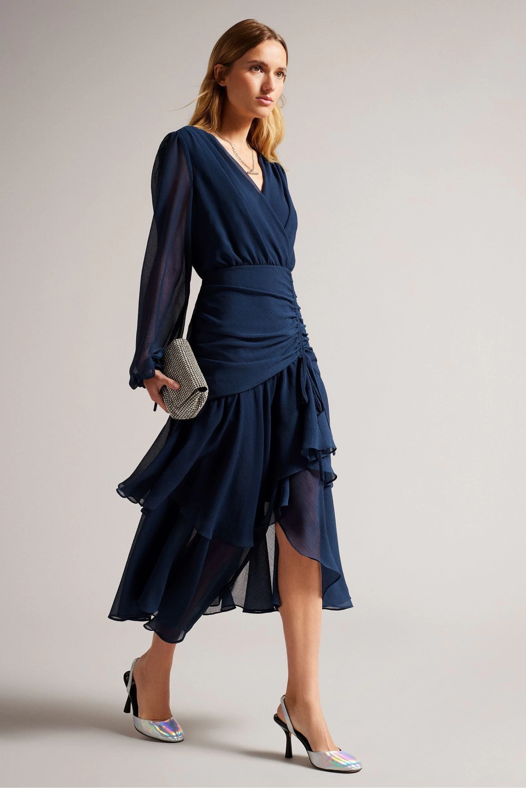 Ted Baker Kiali Blue Long Sleeve Midi Dress With Ruched Detail 3 Ted Baker Kiali Blue Long Sleeve Midi Dress With Ruched Detail