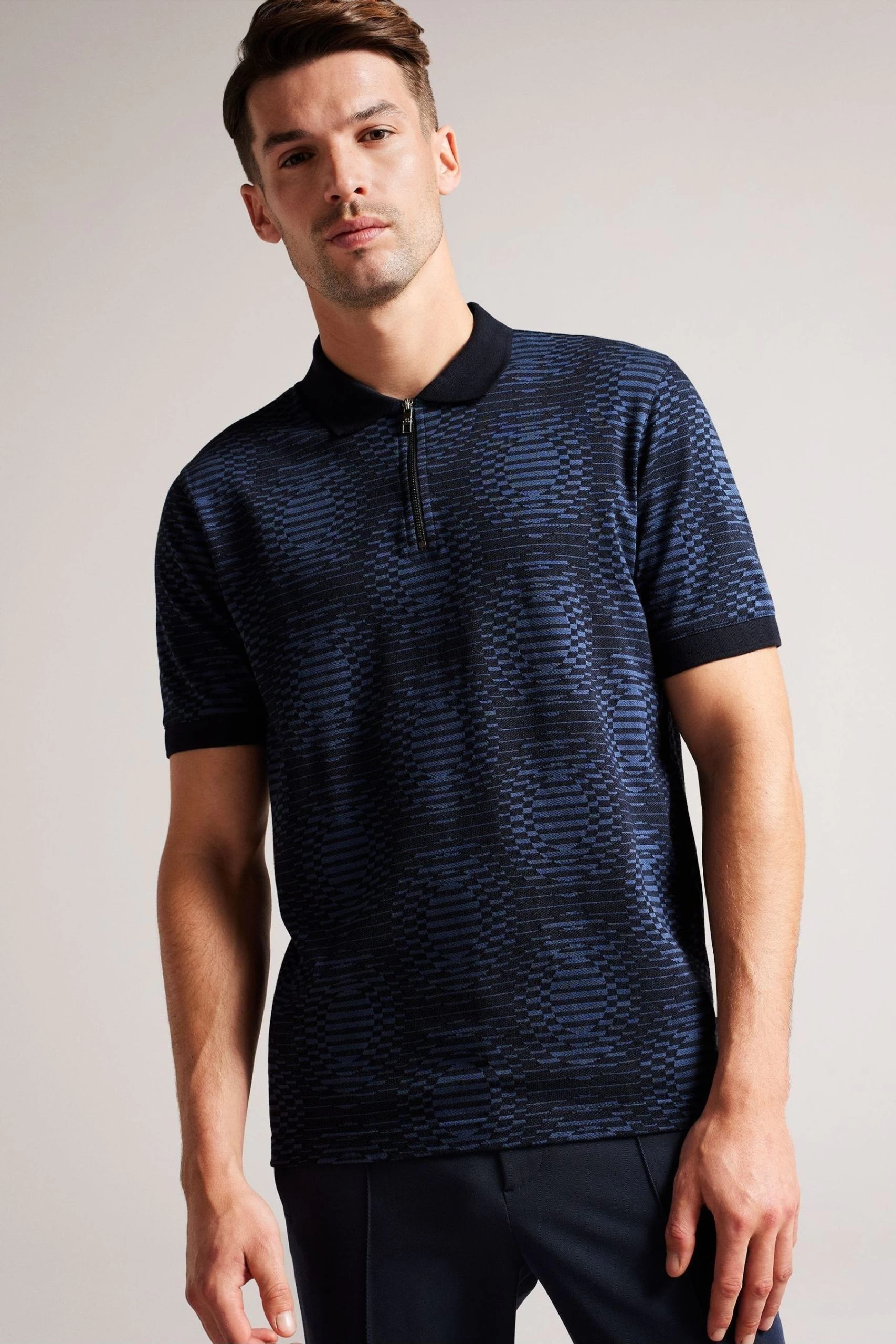 Ted Baker Blue Ono Short Sleeved Jacquard Distorted Spot Polo Shirt 3 Ted Baker Blue Ono Short Sleeved Jacquard Distorted Spot Polo Shirt