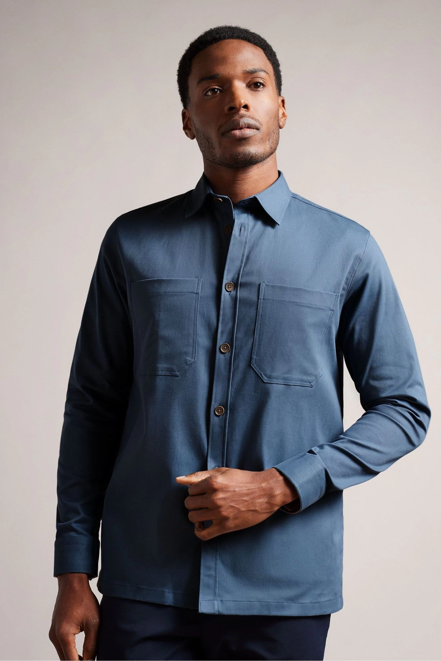 Ted Baker Hasting Blue Long Sleeved Twill Overshirt 3 Ted Baker Hasting Blue Long Sleeved Twill Overshirt