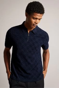 Ted Baker Blue Maroc Short Sleeved Regular Zip Jacquard Polo