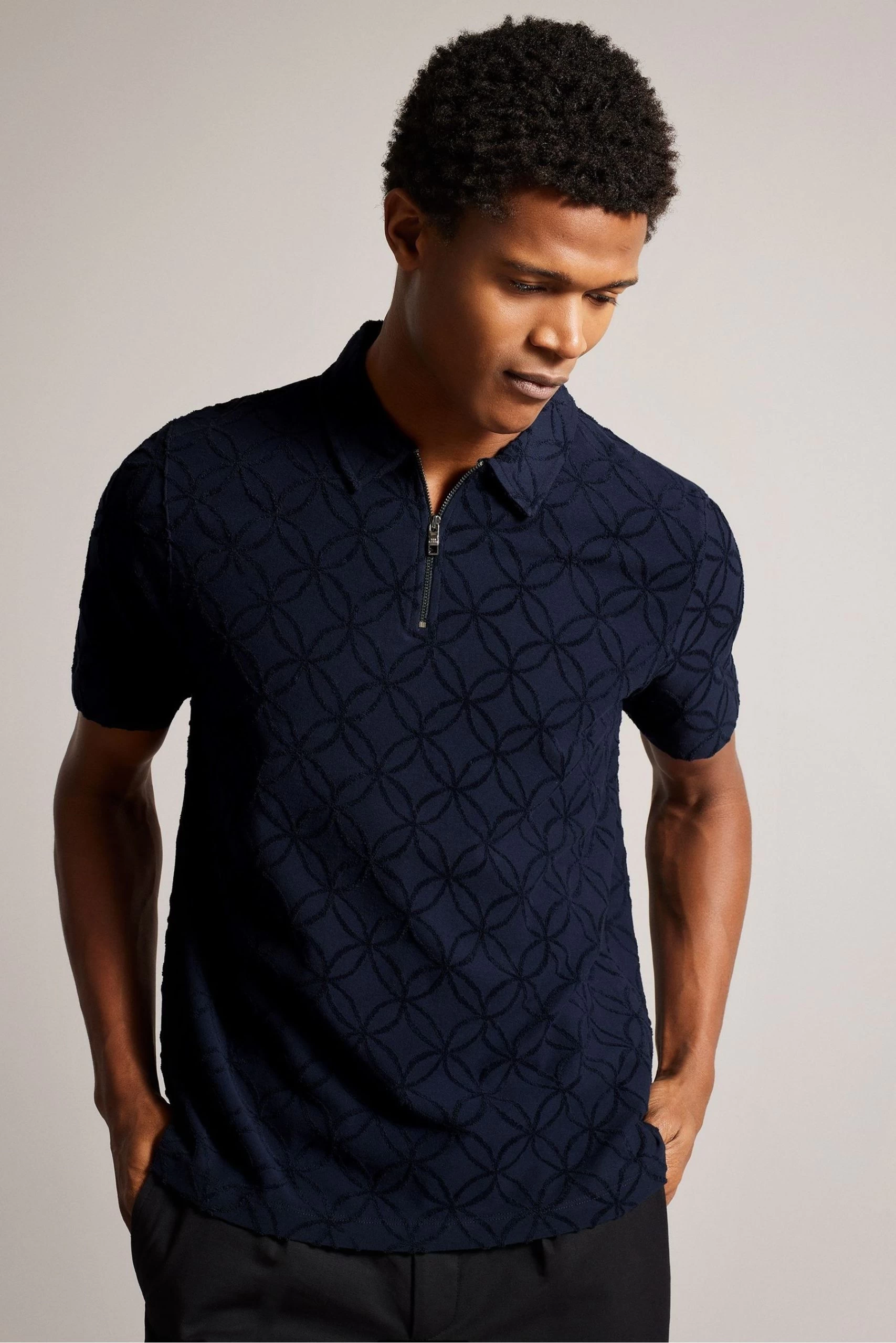 Ted Baker Blue Maroc Short Sleeved Regular Zip Jacquard Polo 3 Ted Baker Blue Maroc Short Sleeved Regular Zip Jacquard Polo