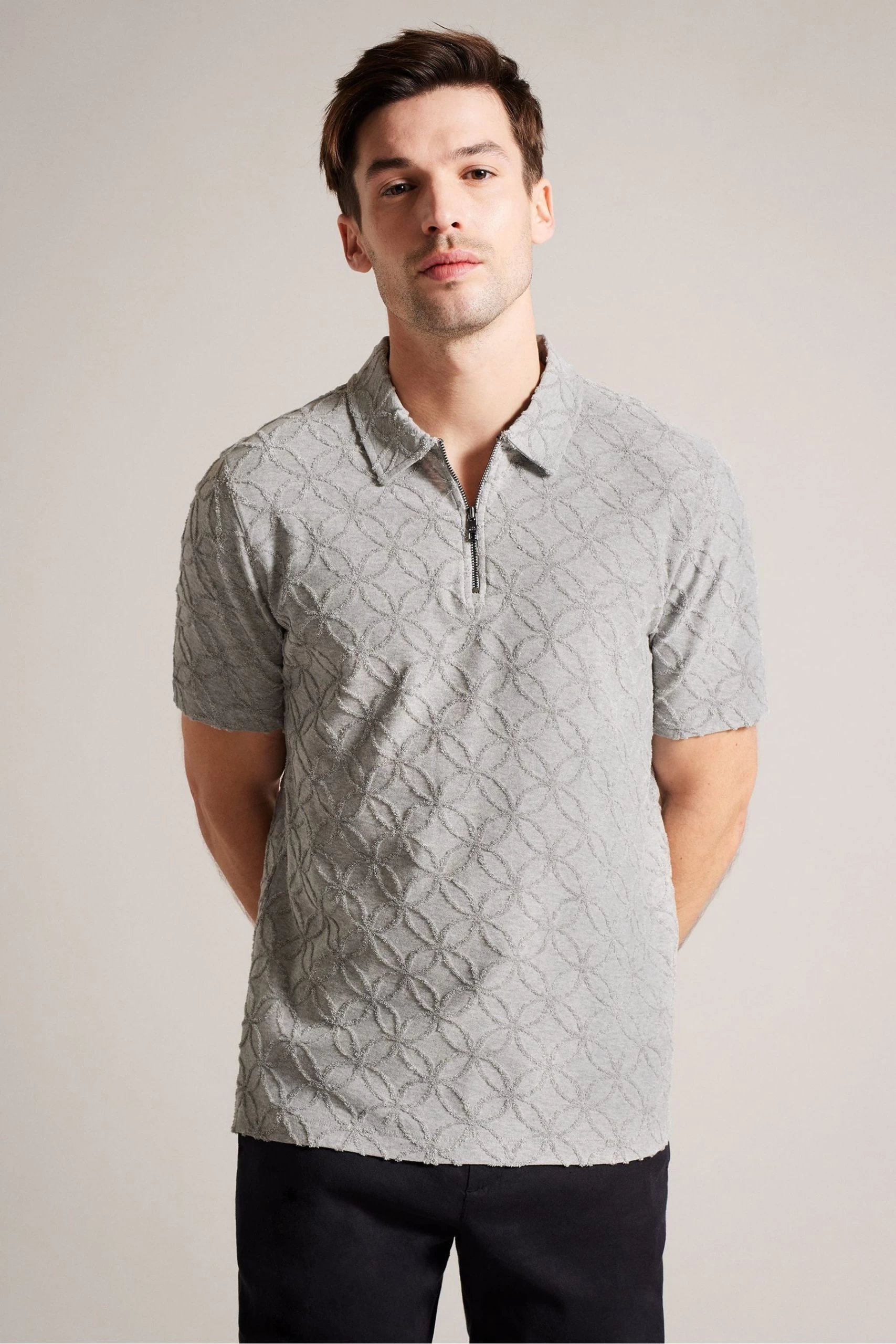 Ted Baker Grey Maroc Marl Short Sleeved Regular Zip Jacquard Polo 3 Ted Baker Grey Maroc Marl Short Sleeved Regular Zip Jacquard Polo