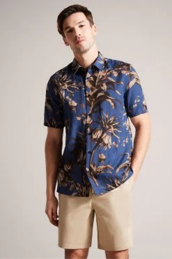 Ted Baker Blue Belmar Short Sleeve Linen Blend Floral Shirt