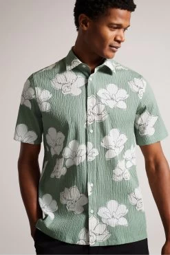 Ted Baker Green Coving Short Sleeve Seersucker Floral Print Shirt