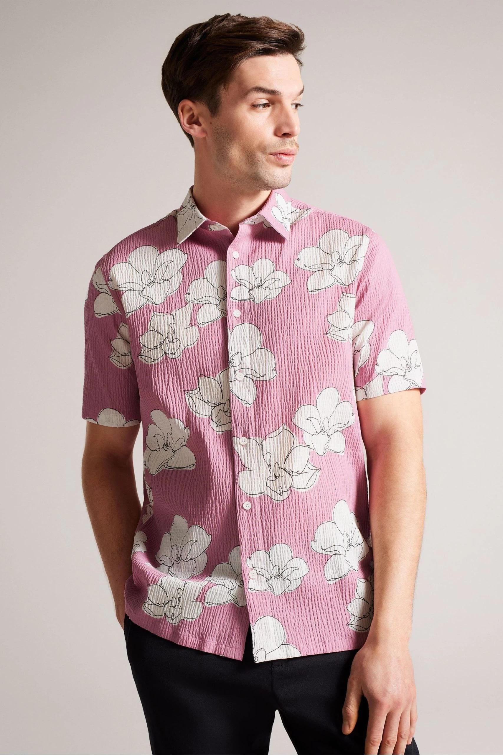 Ted Baker Pink Coving Short Sleeve Seersucker Floral Print Shirt 3 Ted Baker Pink Coving Short Sleeve Seersucker Floral Print Shirt