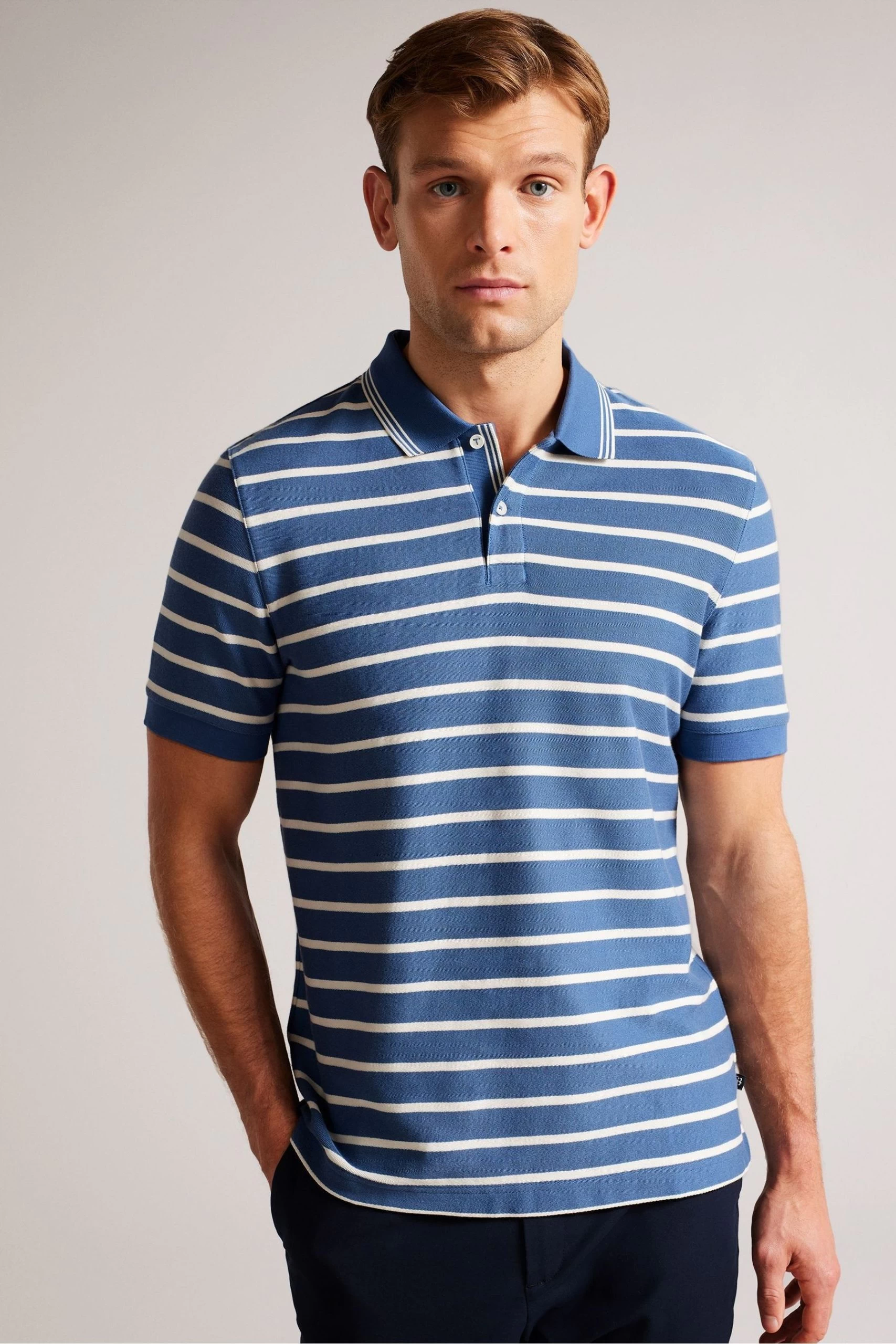 Ted Baker Blue Nivenn Short Sleeved Regular Fit Striped Polo Shirt 3 Ted Baker Blue Nivenn Short Sleeved Regular Fit Striped Polo Shirt