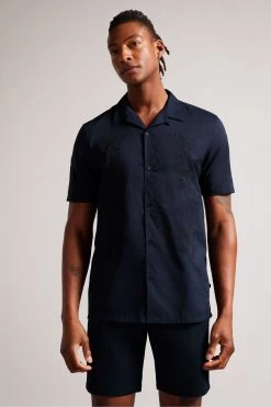 Ted Baker Blue Ranney Short Sleeve Embroidered Panel Shirt