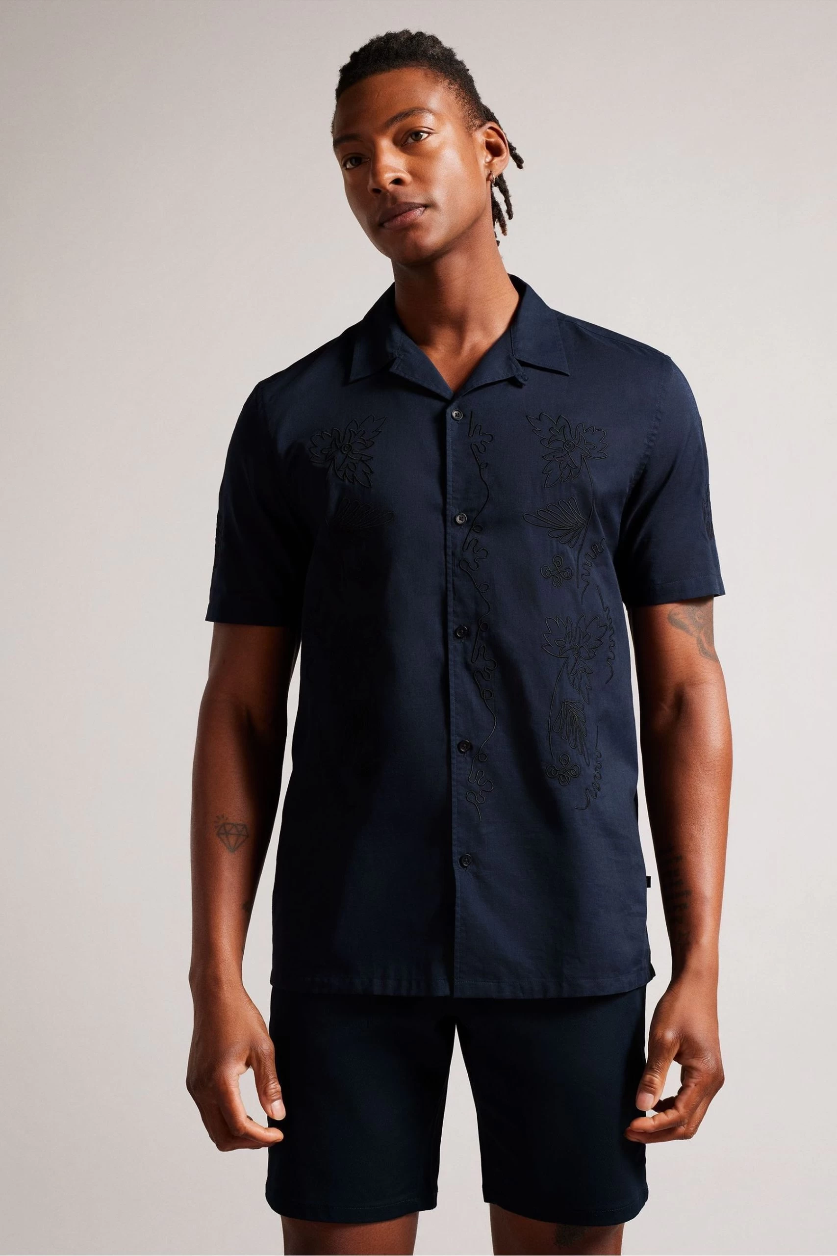 Ted Baker Blue Ranney Short Sleeve Embroidered Panel Shirt 3 Ted Baker Blue Ranney Short Sleeve Embroidered Panel Shirt