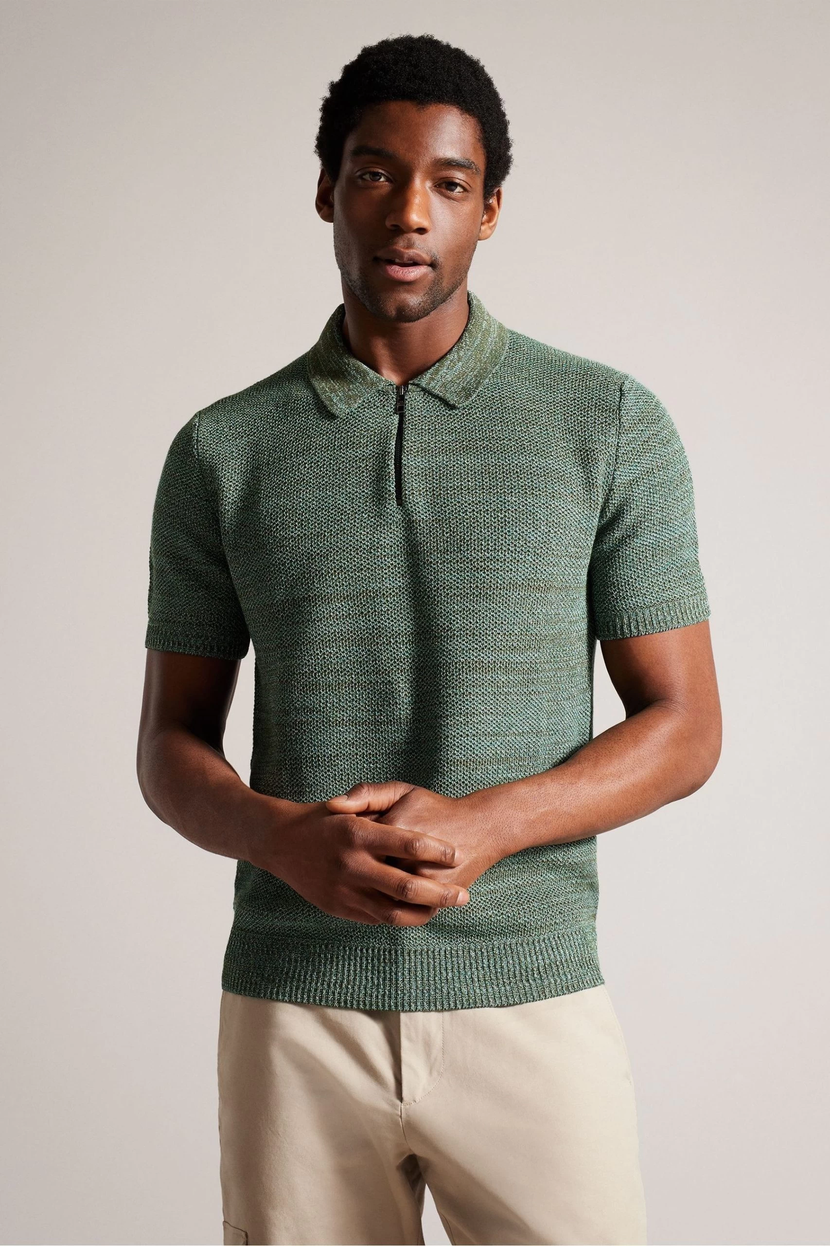 Ted Baker Green Blossam Regular Textured Zip Polo Shirt 3 Ted Baker Green Blossam Regular Textured Zip Polo Shirt