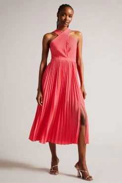 Ted Baker Pink Loueli Cross Front Pleated Dress With Knit Bodice