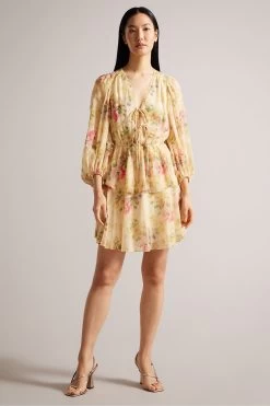 Ted Baker Tamziiy V-Neck Ggt Printed Tie Front Mini Brown Dress