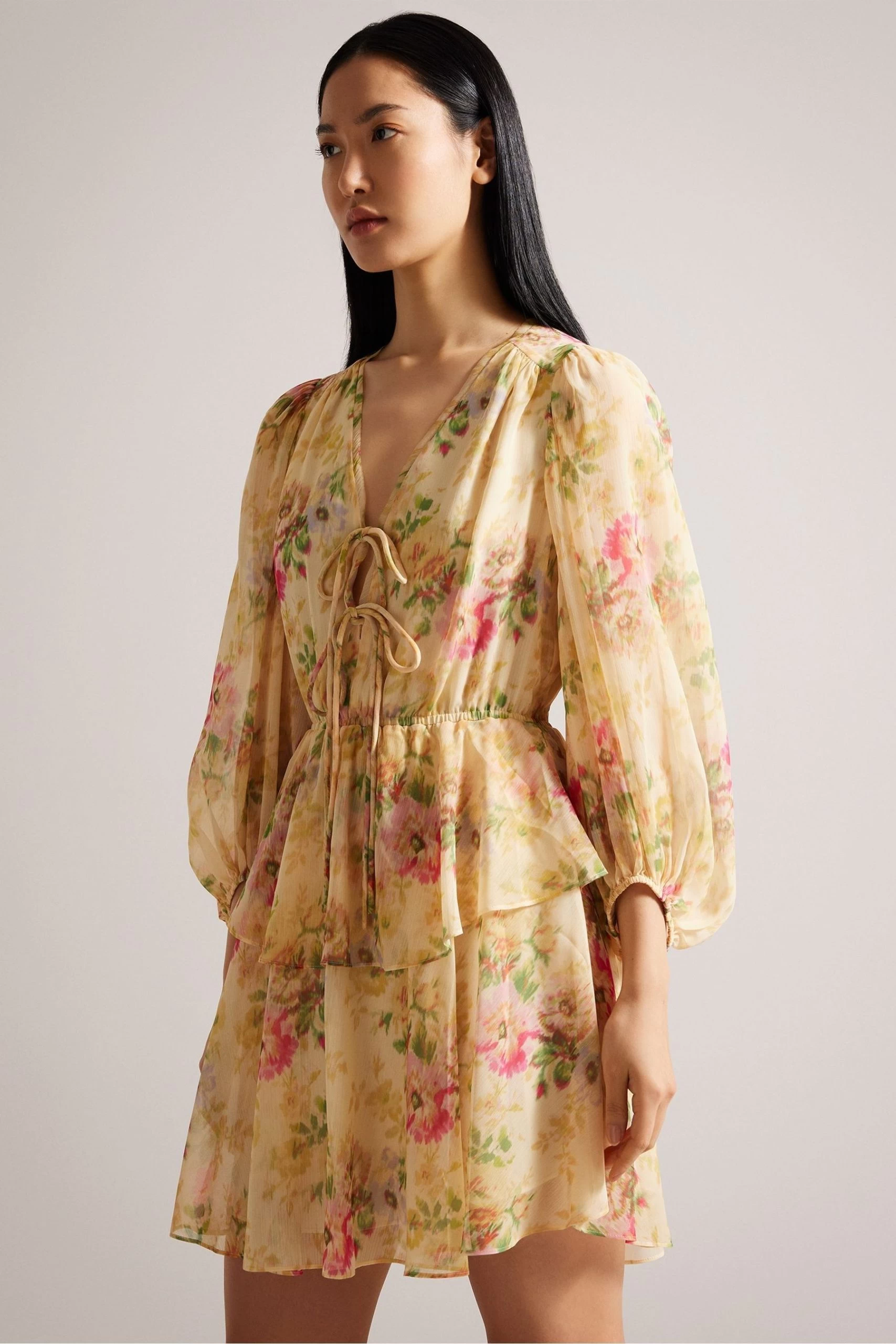 Ted Baker Tamziiy V-Neck Ggt Printed Tie Front Mini Brown Dress 5 Ted Baker Tamziiy V-Neck Ggt Printed Tie Front Mini Brown Dress - Image 3