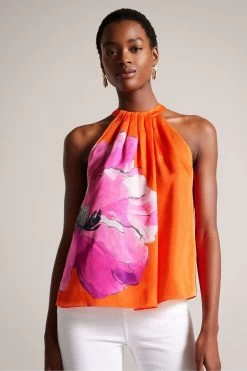 Ted Baker Orange Milenaa Halter Neck Top With Pleat Detail