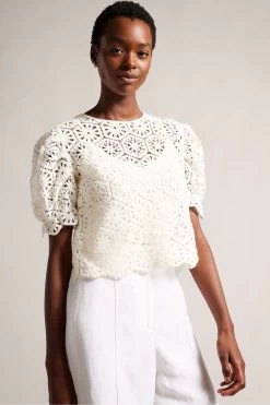 Ted Baker Ambya Crochet Knit Puff Sleeve White Top