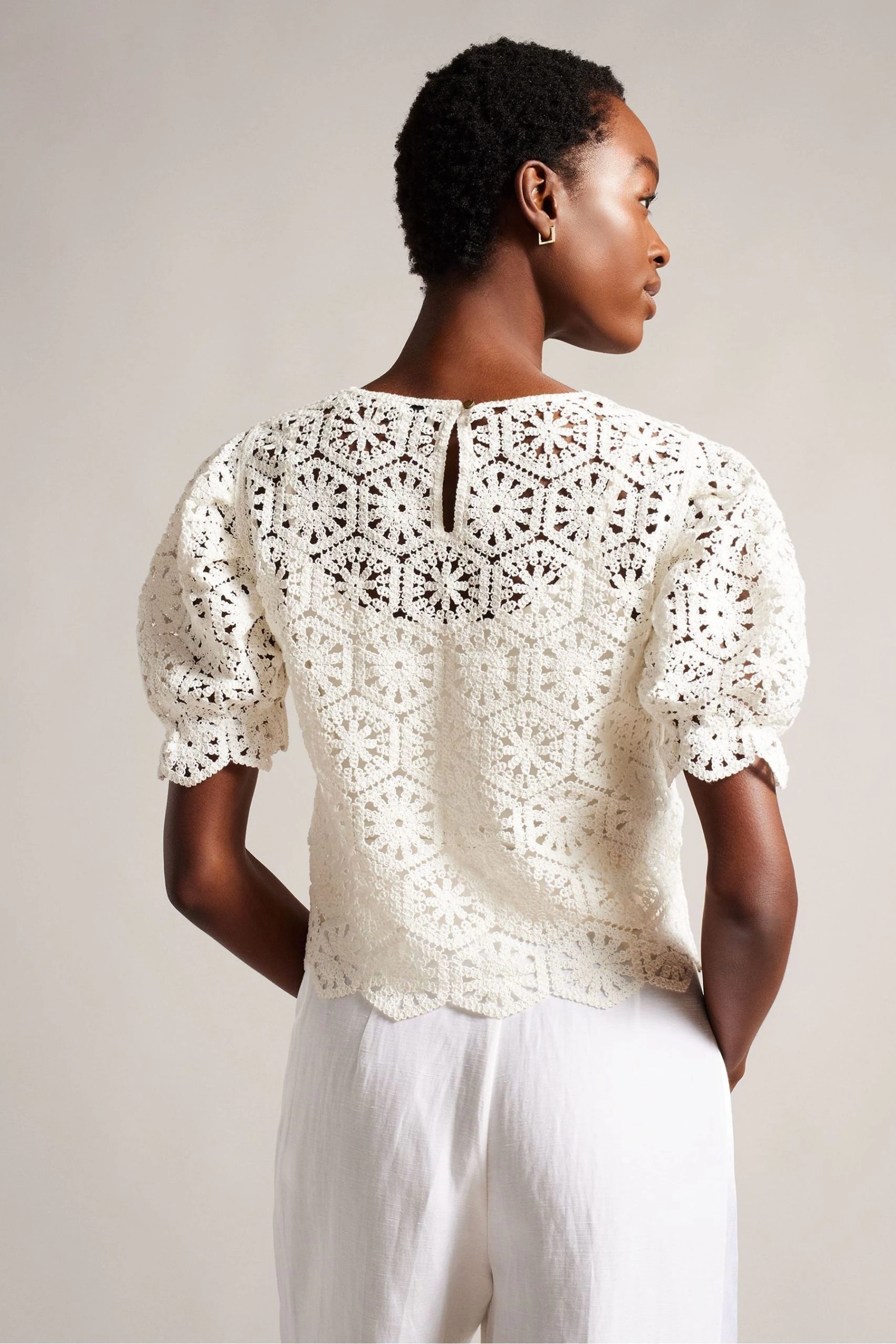 Ted Baker Ambya Crochet Knit Puff Sleeve White Top 4 Ted Baker Ambya Crochet Knit Puff Sleeve White Top - Image 2