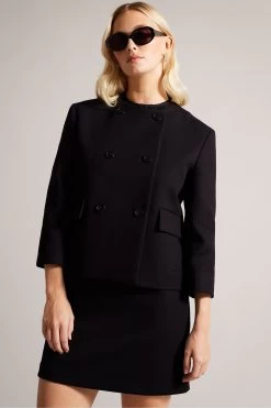 Ted Baker Molleia Double Breasted Cropped Collarless Black Coat 9 Ted Baker Molleia Double Breasted Cropped Collarless Black Coat -Ted Baker Shop N00713s3
