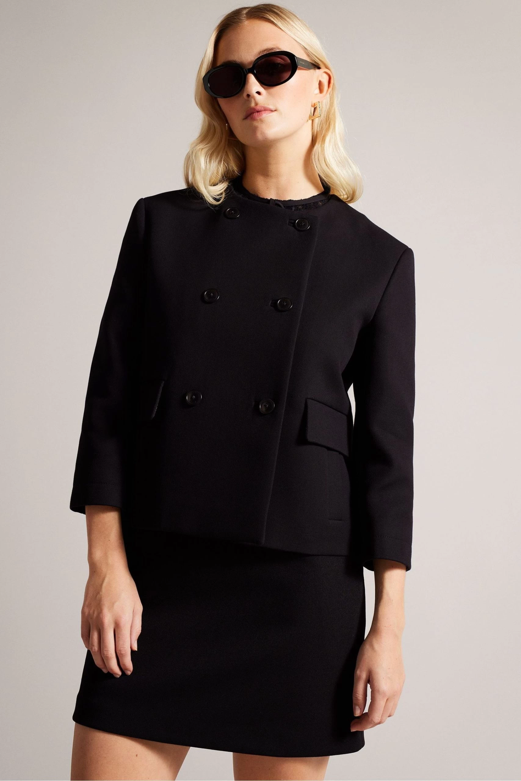 Ted Baker Molleia Double Breasted Cropped Collarless Black Coat 5 Ted Baker Molleia Double Breasted Cropped Collarless Black Coat - Image 3