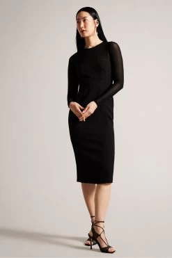 Ted Baker Ivylou Bodycon Black Midi Dress With Sheer Panels