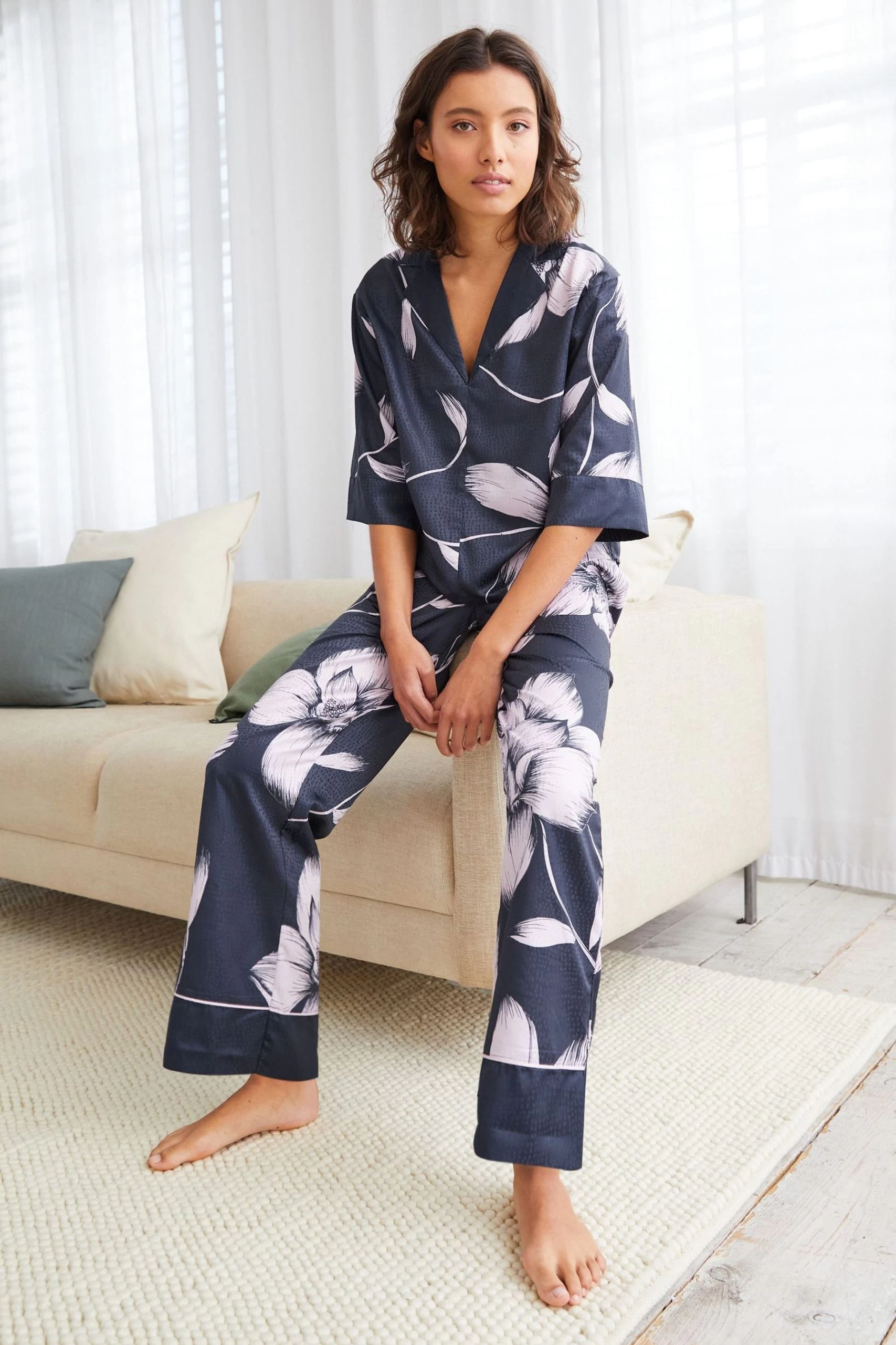 B By Ted Baker Navy Blue/Lilac Purple Jacquard Spot Satin Pyjama Set 3 B By Ted Baker Navy Blue/Lilac Purple Jacquard Spot Satin Pyjama Set