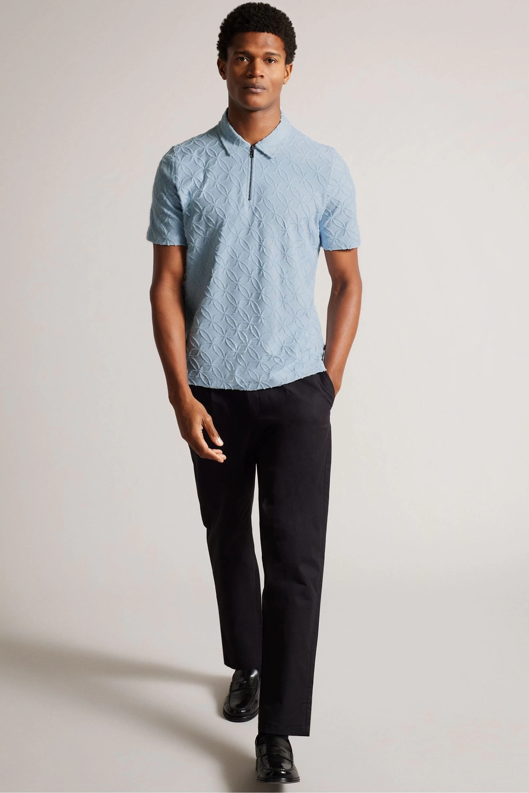 Ted Baker Blue Maroc Short Sleeved Regular Zip Jacquard Polo Shirt 3 Ted Baker Blue Maroc Short Sleeved Regular Zip Jacquard Polo Shirt