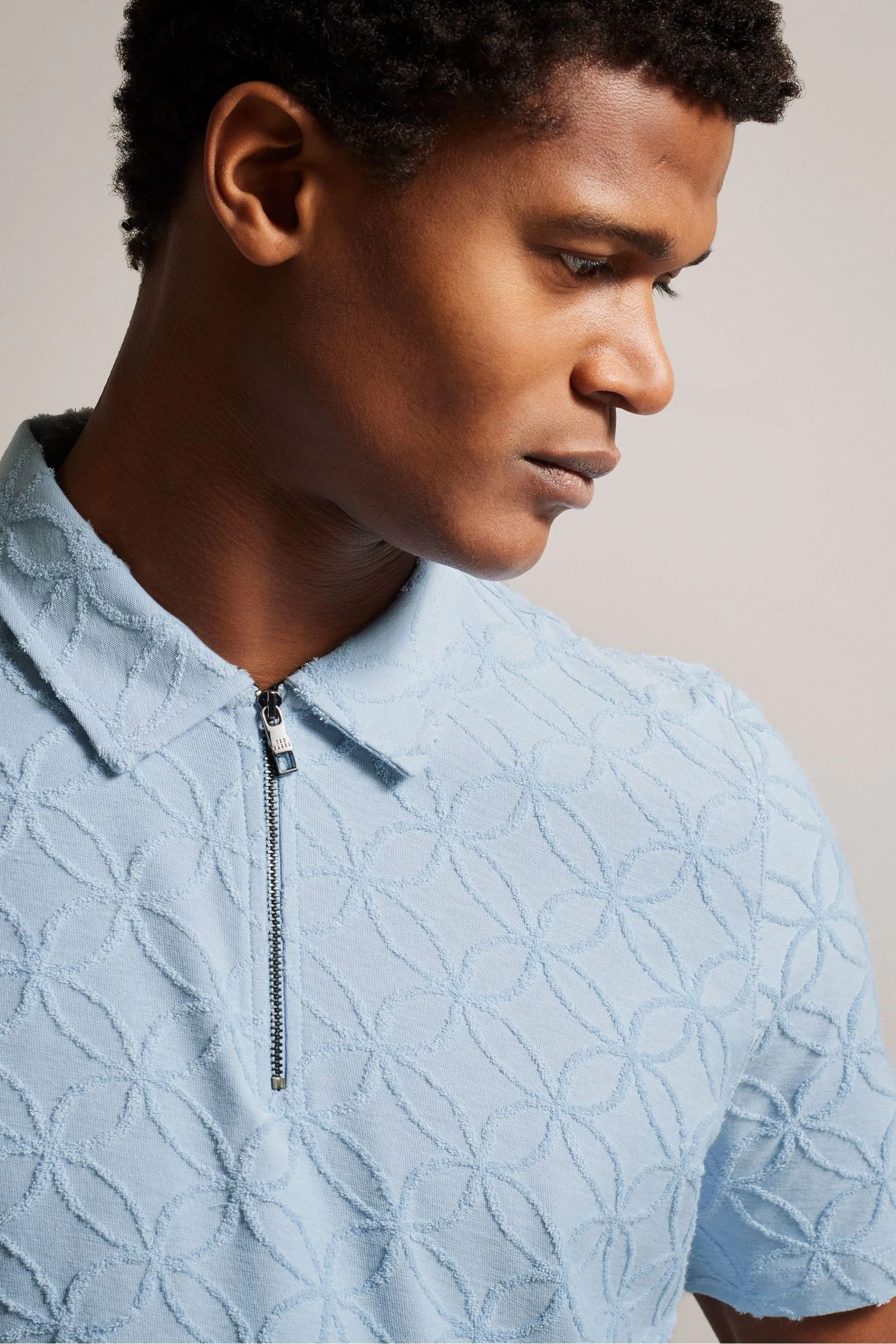 Ted Baker Blue Maroc Short Sleeved Regular Zip Jacquard Polo Shirt 6 Ted Baker Blue Maroc Short Sleeved Regular Zip Jacquard Polo Shirt - Image 4