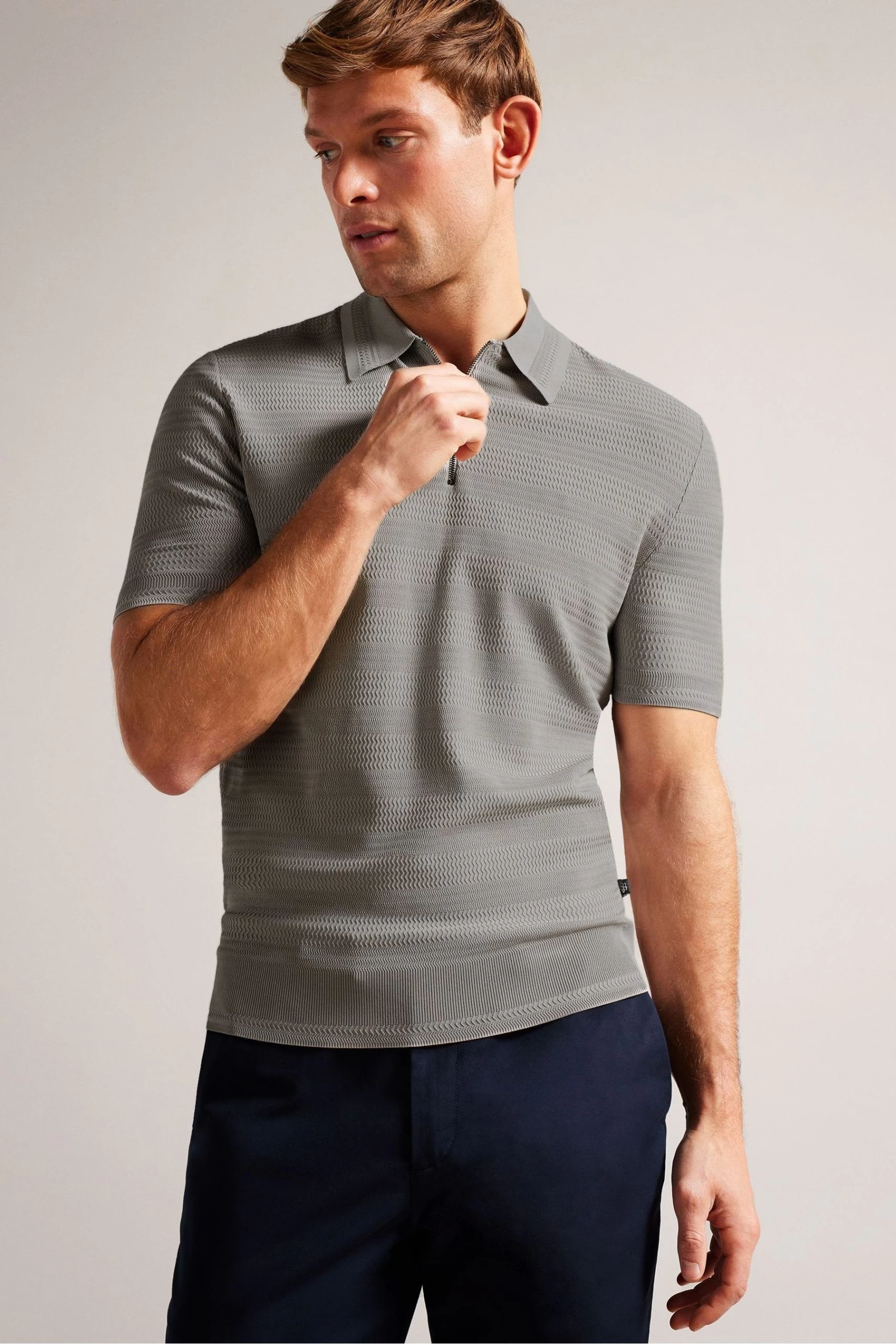 Ted Baker Grey Stree Short Sleeved Textured Polo Shirt 3 Ted Baker Grey Stree Short Sleeved Textured Polo Shirt