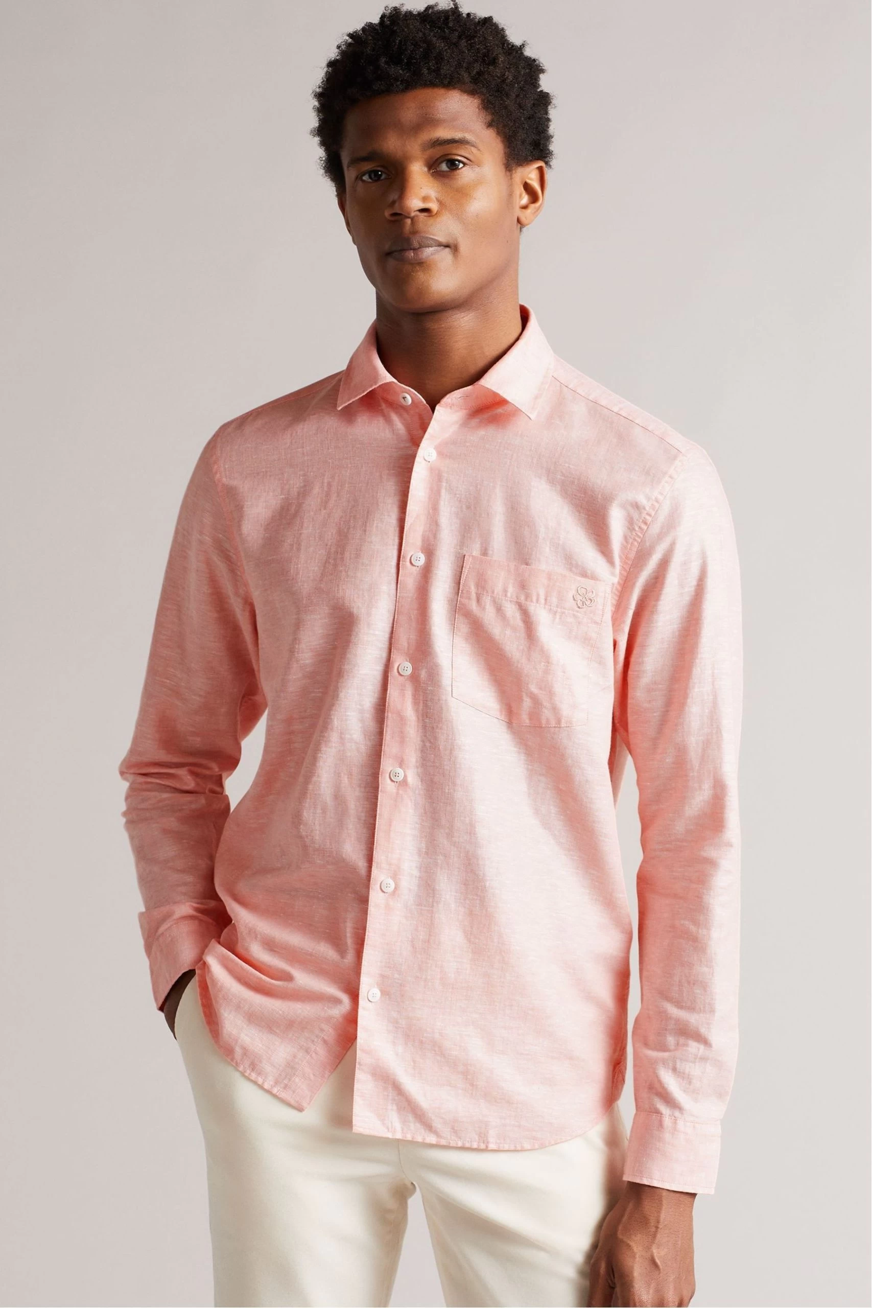 Ted Baker Remark Coral Pink Long Sleeve Linen Shirt 3 Ted Baker Remark Coral Pink Long Sleeve Linen Shirt