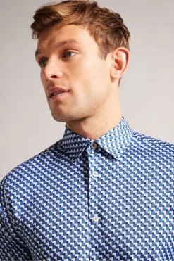 Ted Baker Blue Barder Long Sleeve Stretch Geo Shirt -Ted Baker Shop T60265s4