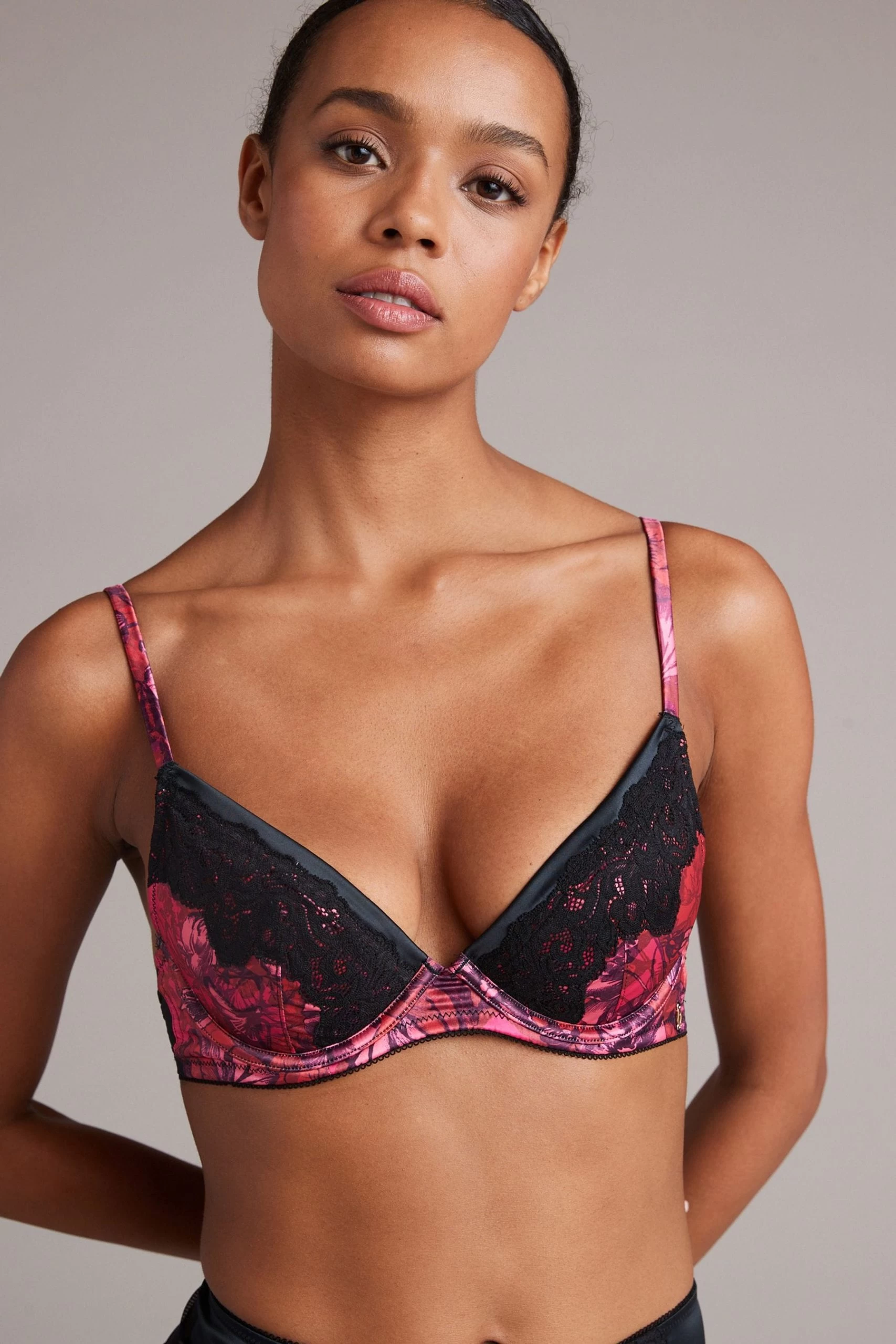 B By Ted Baker Pink Floral Satin Padded Plunge Bra 5 B By Ted Baker Pink Floral Satin Padded Plunge Bra - Image 3