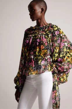 Ted Baker Saskiha Black Printed Blouse With Functional Waist Tie