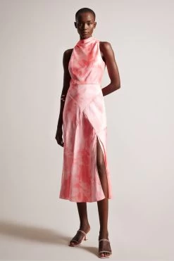 Ted Baker Pink Foreste Cowl Neck Bias Cut Midi Dress