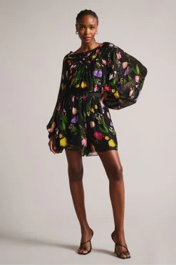Ted Baker Brookii Black Ruffle Playsuit With Blouson Sleeves