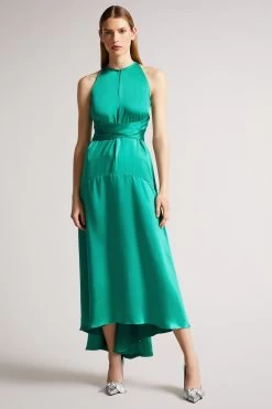 Ted Baker Green Mmilly Mid High Low Halter Dress With Integral Tie