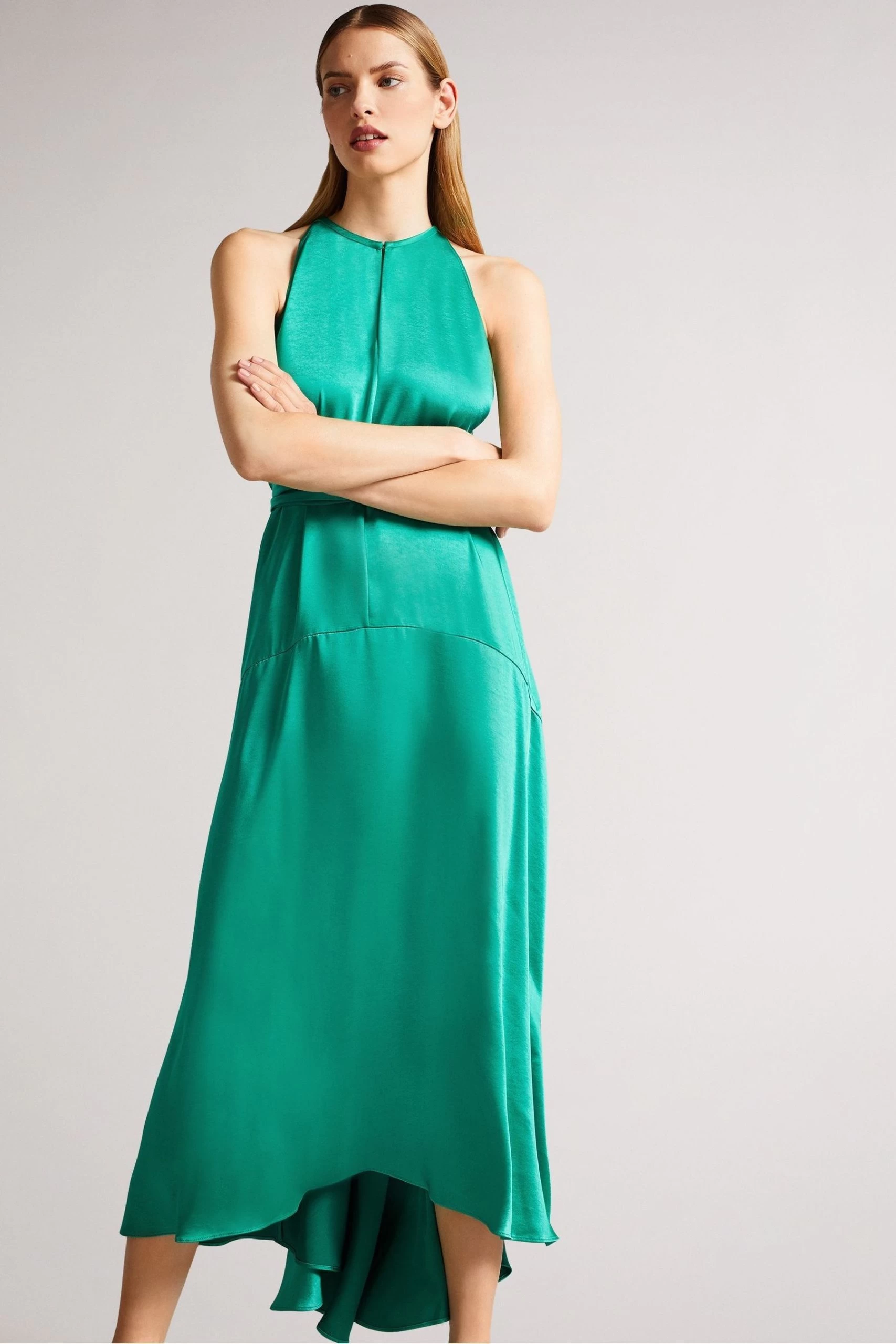 Ted Baker Green Mmilly Mid High Low Halter Dress With Integral Tie 6 Ted Baker Green Mmilly Mid High Low Halter Dress With Integral Tie - Image 4