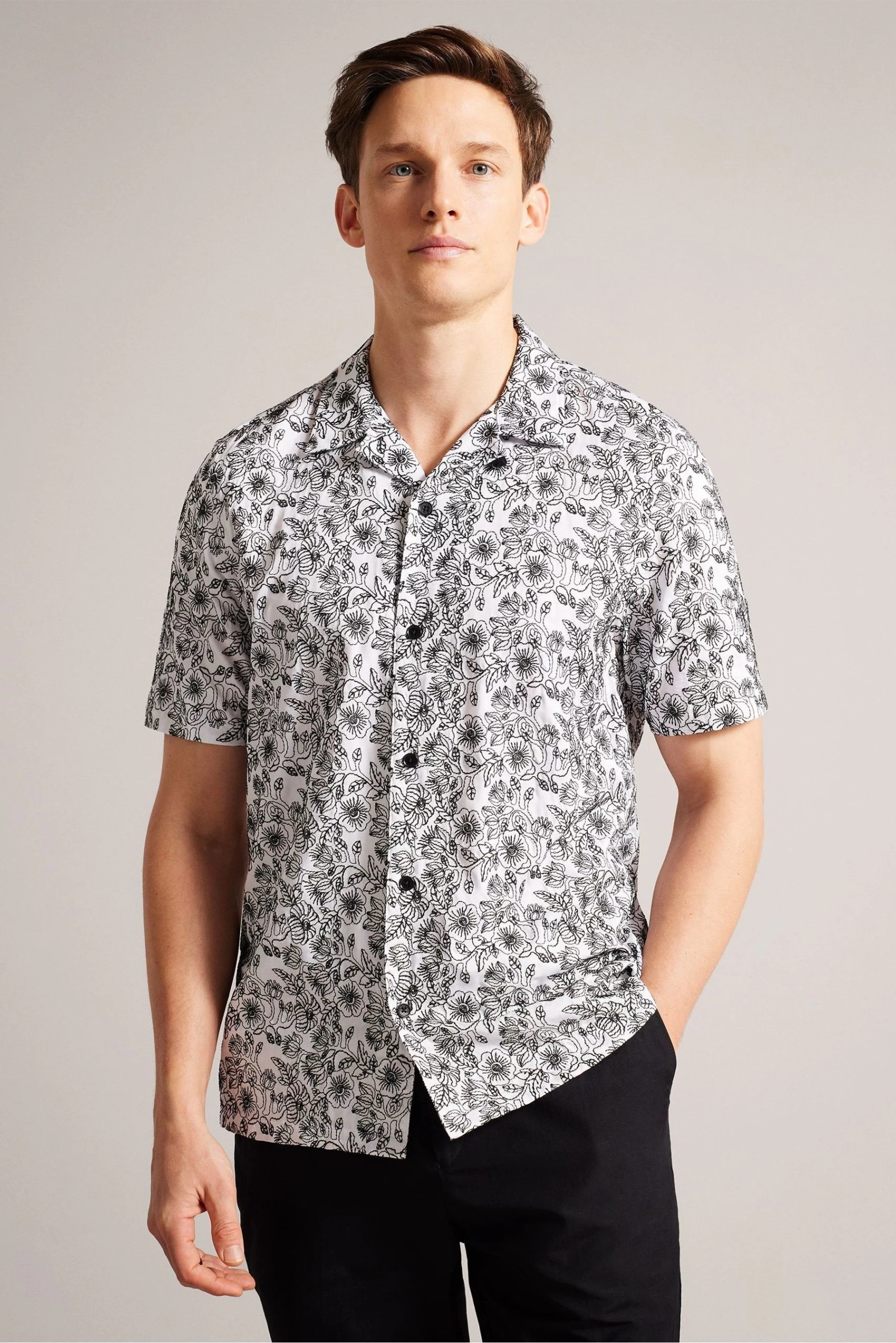 Ted Baker Mulben White Short Sleeve Floral Embroidered Shirt 3 Ted Baker Mulben White Short Sleeve Floral Embroidered Shirt